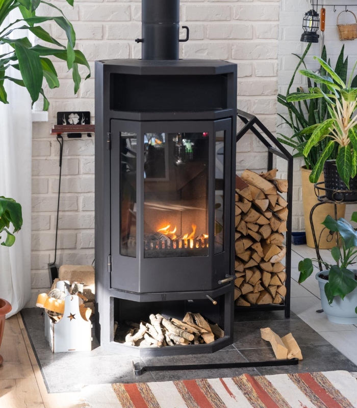 Poêle à bois installé dans un intérieur, chauffage au bois avec bûches et espace de stockage